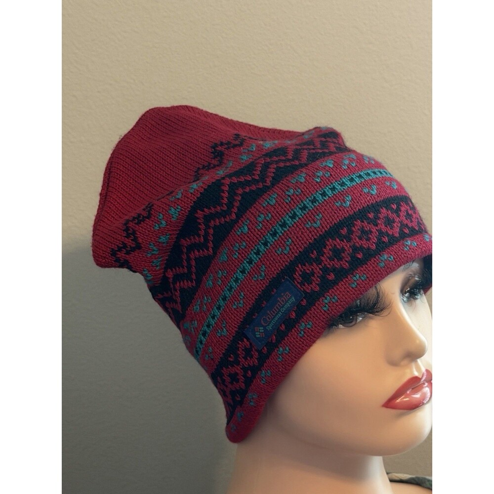 Vintage 90s Columbia Wool Beanie Hat Made in Canada Fair Isle Knit Ski Cotton